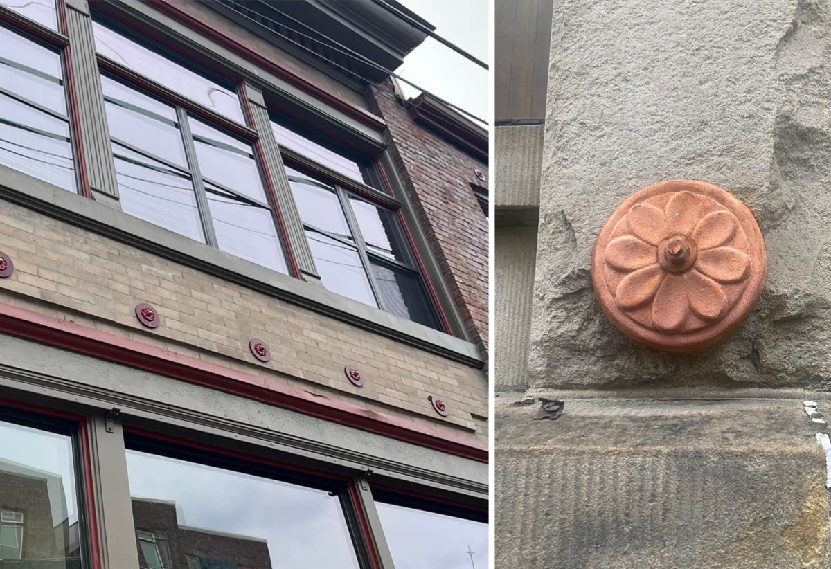 Rosette anchor plates on a masonry building, Everett