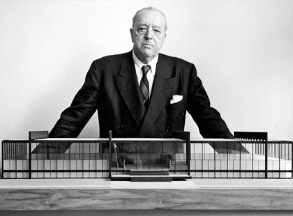 Ludwig Mies van de Rohe with model of IIT Crown Hall