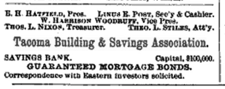Advertisement - Tacoma Building & Savings Association, Northwest Magazine - Nov 1889.