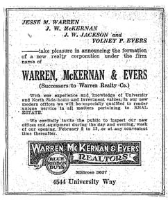 Warren, McKernan & Evers Advertistment, Seattle Times - Feb 7, 1926 